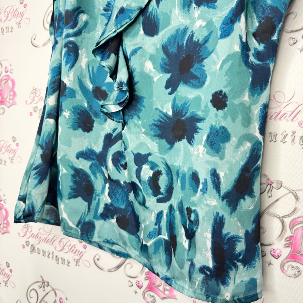 Ann Taylor tank top ruffle frilly Floral Sleeveless Blouse in Blue and Green - Picture 12 of 12